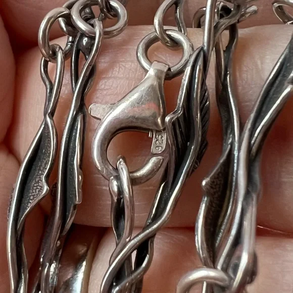 ANTIQUE VINTAGE LONG 925 STERLING SILVER NECKLACE CHAIN LEAVES DESIGN ORNATE